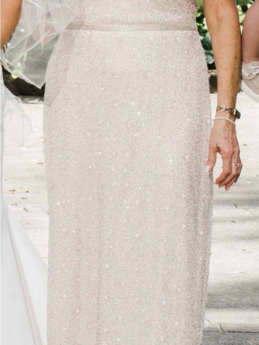 Mac Duggal Champagne Beaded V-Neck Maxi Dress